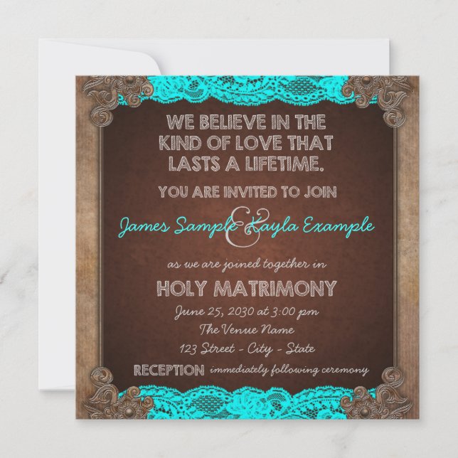 Rustic Teal Blue and Brown Old Fashioned Wedding Invitation (Front)