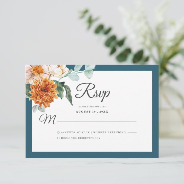 Rustic Teal Blue Burnt Orange Floral Fall Wedding  RSVP Card (Standing Front)