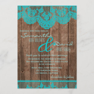Rustic Teal Blue Lace and Wood Wedding Invitation