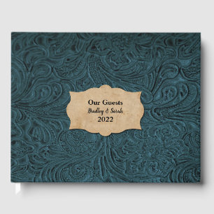 Rustic Teal Blue Leather (Faux) Personalized Guest Book