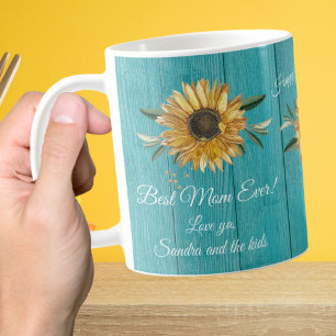 Rustic Teal Blue  Sunflower Best Mom Ever Coffee M Mug