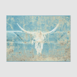 Rustic Teal Blue Texture Western Bull Cow Skull Tissue Paper
