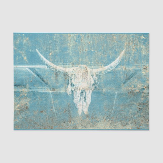 Rustic Teal Blue Texture Western Bull Cow Skull Tissue Paper (Front)