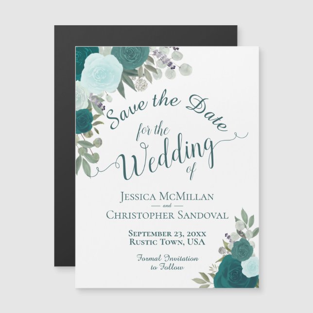 Rustic Teal Boho Floral Wedding Save the Date Magnetic Invitation (Front/Back)