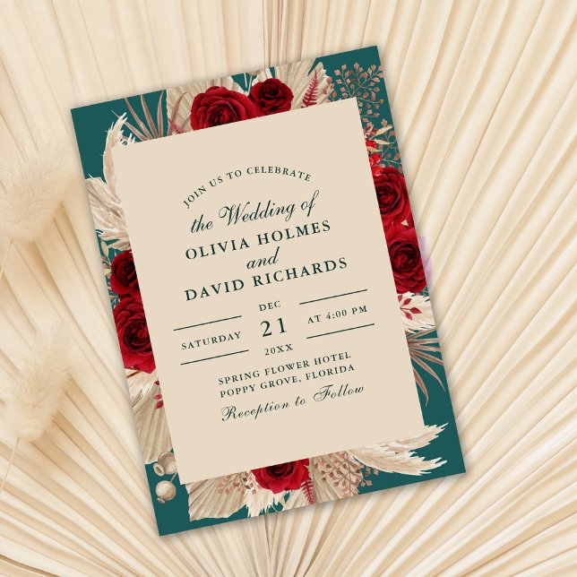 Rustic Teal Burgundy Roses Wedding Invitation (Creator Uploaded)