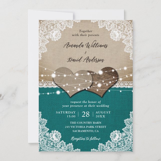 Rustic Teal Burlap Lace String Lights Wedding Invitation (Front)
