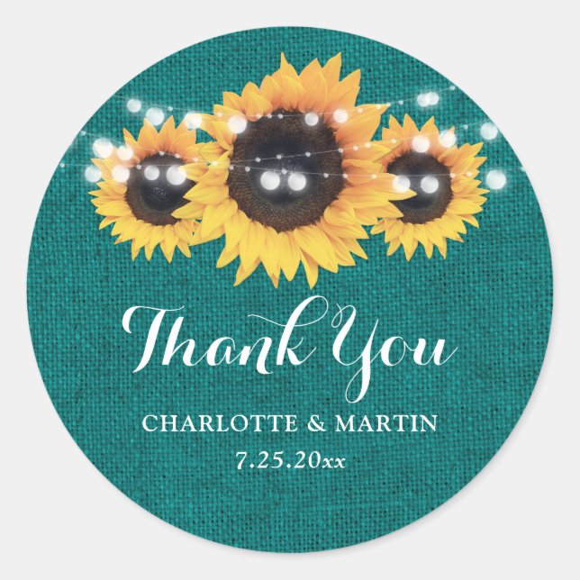 Rustic Teal Burlap Sunflower Wedding Favour Classic Round Sticker (Front)