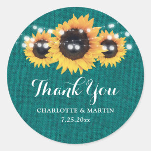 Rustic Teal Burlap Sunflower Wedding Favour Classic Round Sticker