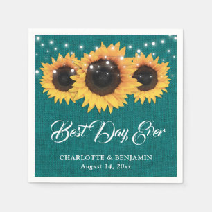 Rustic Teal Burlap Sunflower Wedding Napkin
