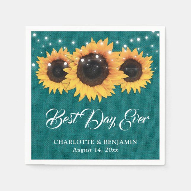 Rustic Teal Burlap Sunflower Wedding Napkin (Front)