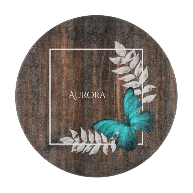 Rustic Teal Butterfly Personalized Cutting Board (Front)