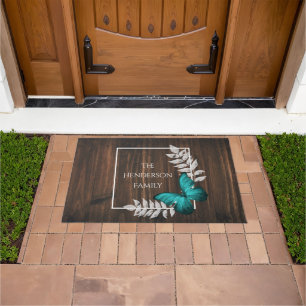 Rustic Teal Butterfly Personalized Doormat