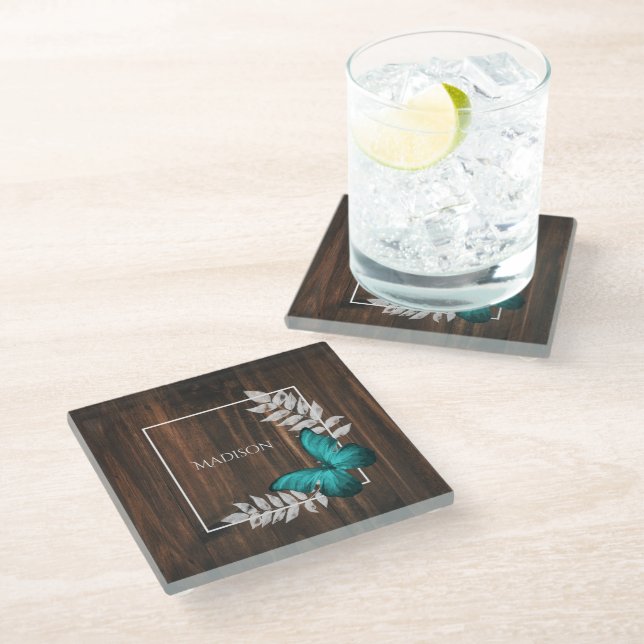 Rustic Teal Butterfly Personalized Glass Coaster (Angled)