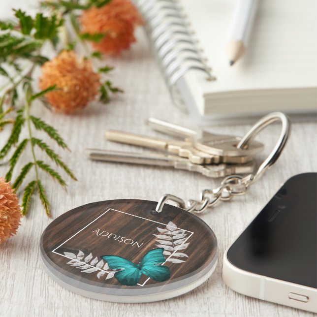 Rustic Teal Butterfly Personalized Keychain (Front Right)