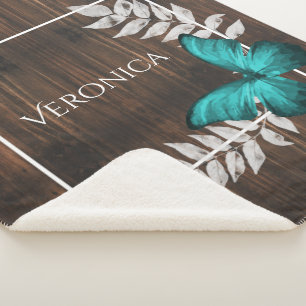 Rustic Teal Butterfly Personalized Sherpa Blanket