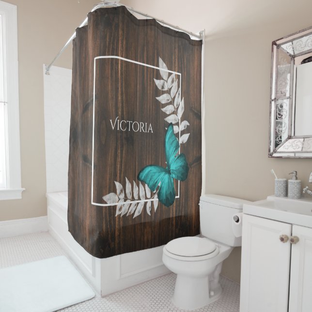 Rustic Teal Butterfly Personalized Shower Curtain (In Situ)