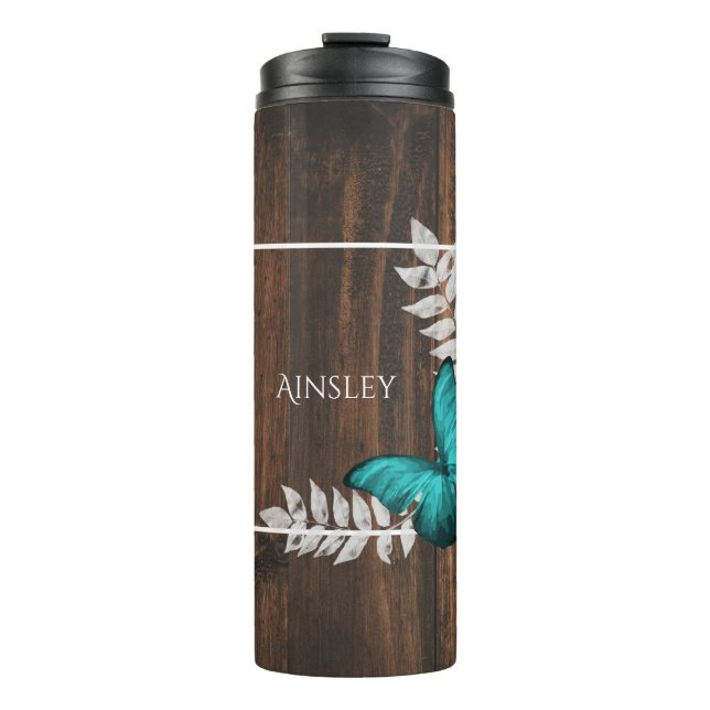 Rustic Teal Butterfly Personalized Thermal Tumbler (Front)