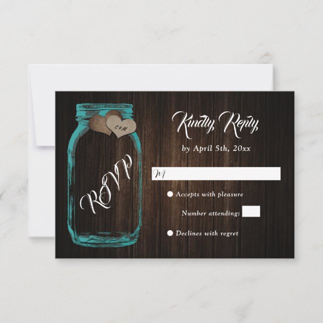 Rustic Teal Country Wood Heart Mason Jar Wedding RSVP Card (Front)
