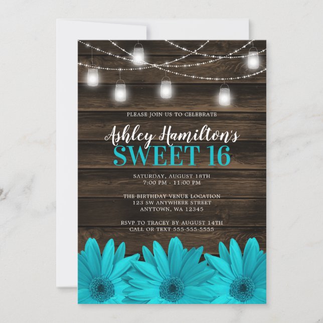 Rustic Teal Daisy Mason Jar Lights Sweet 16 Invitation (Front)
