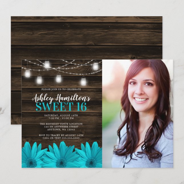 Rustic Teal Daisy Mason Jar Lights Sweet 16 Photo Invitation (Front/Back)
