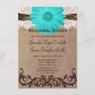 Rustic Teal Daisy Rehearsal Dinner Invitations