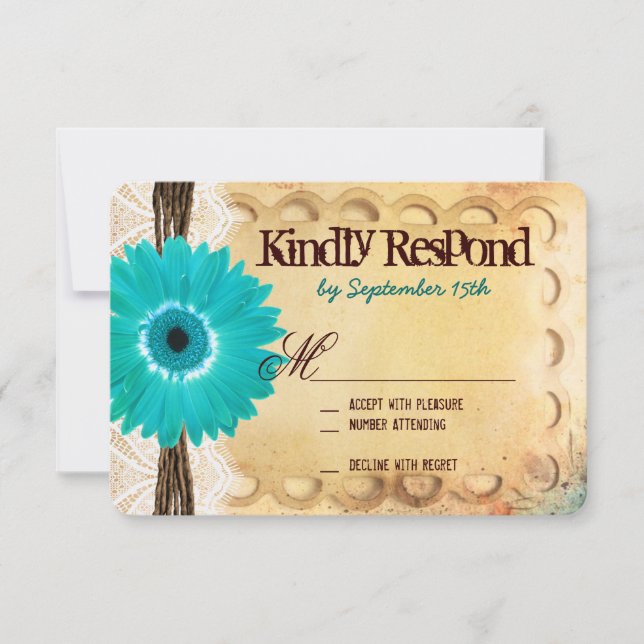 Rustic Teal Daisy Typography Wedding RSVP Cards (Front)
