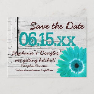Rustic Teal Daisy Wood Save The Date Postcards
