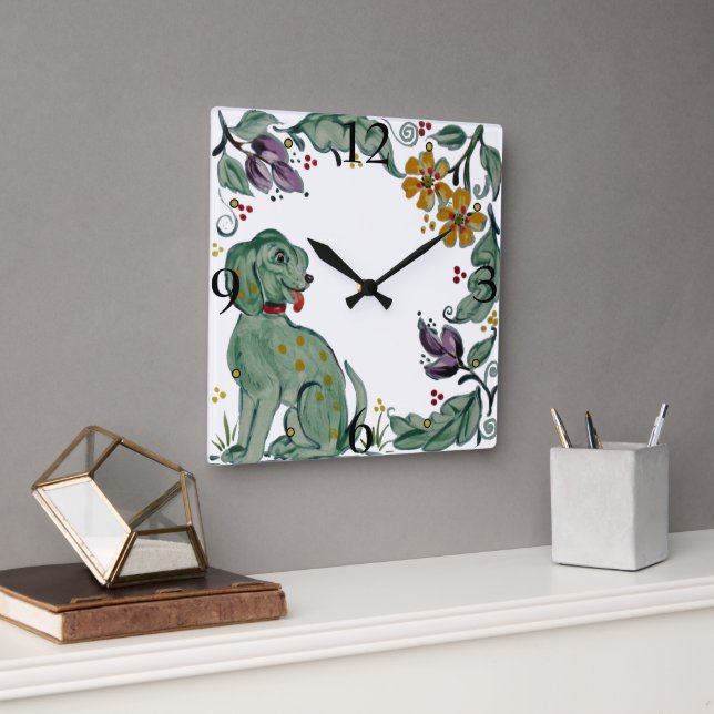 Rustic Teal Dog Puppy Floral Folk Style Tile Square Wall Clock (Office)