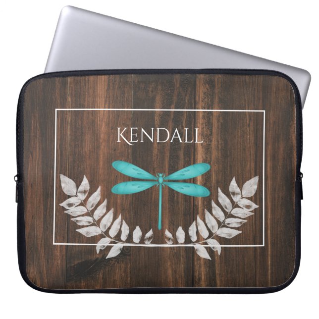 Rustic Teal Dragonfly Personalized Laptop Sleeve (Front)