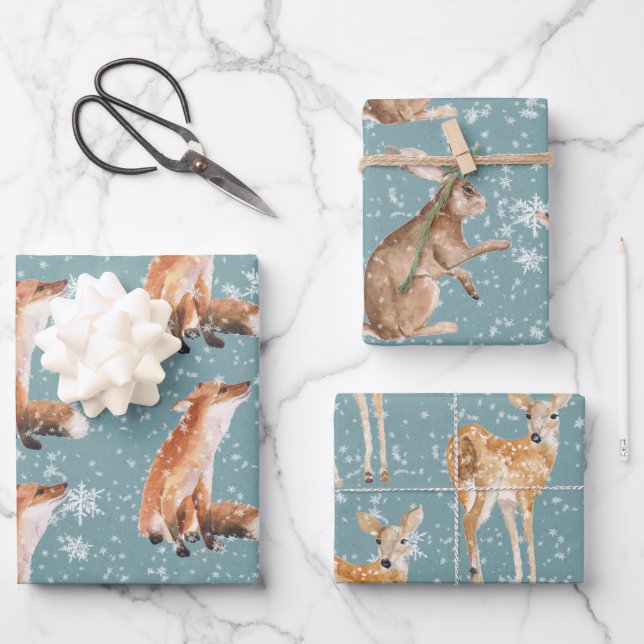 Rustic Teal Elegant Snowy Winter Animals Wrapping Paper Sheet (Front)