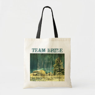 rustic teal evergreen snowy forest winter wedding tote bag