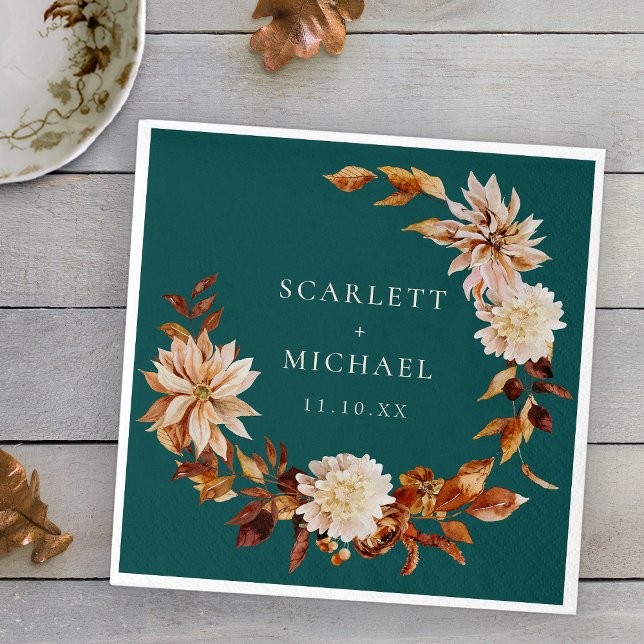Rustic Teal Floral Napkin (Rustic Terracotta Leaves Floral Wreath Teal Napkins by Painted Paperie)