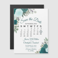 Rustic Teal Floral Save the Date Calendar Magnet