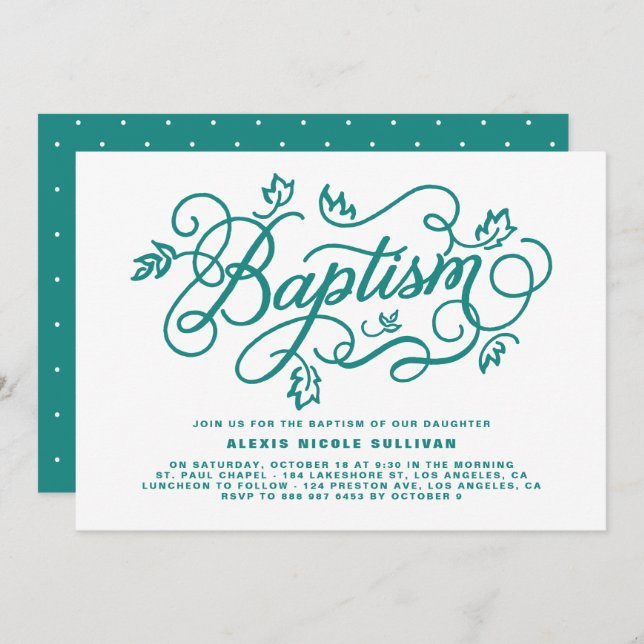 Rustic Teal Foliage Lettering Baptism Invitation (Front/Back)