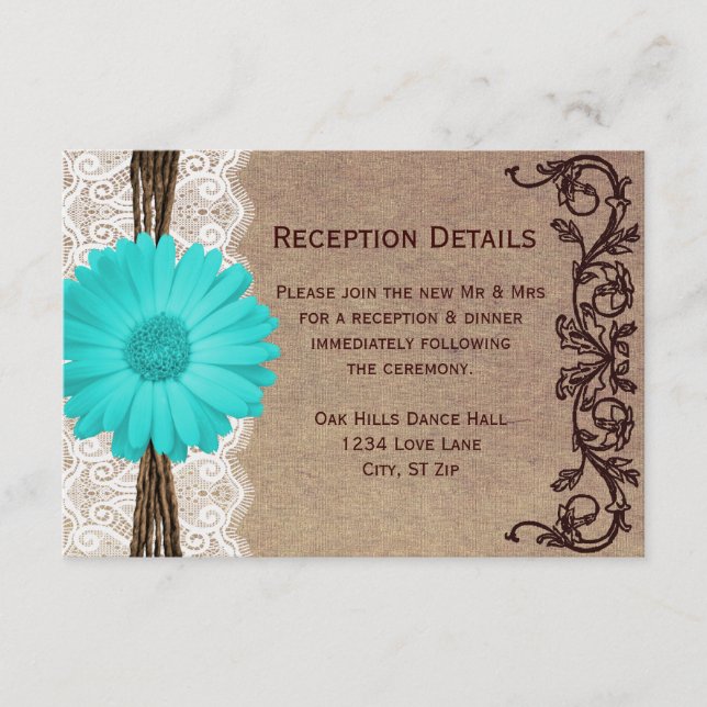 Rustic Teal Gerber Daisy Wedding Reception Cards (Front)