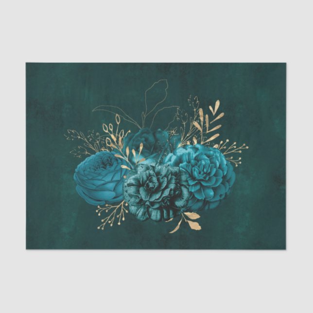 Rustic Teal Gold Graphic Floral Tissue Paper (Front)