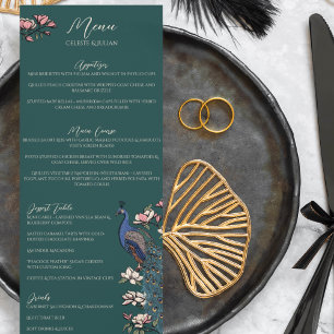 Rustic Teal Green Floral Peacock Bird Wedding Menu