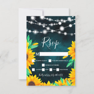 Rustic teal green string lights sunflowers rsvp card
