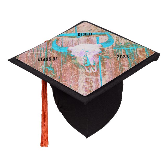 Rustic Teal Grunge Texture Western Bull Skull Graduation Cap Topper (Angled)