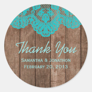Rustic Teal Lace and Wood Wedding Thank You Classic Round Sticker
