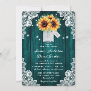 Rustic Teal Lace Mason Jar Sunflower Wedding Invitation