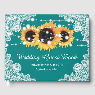 Rustic Teal Lace Sunflower Wedding Guest Book