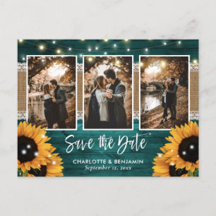 Rustic Teal Lights Sunflower 3 Photo Save The Date Announcement Postcard