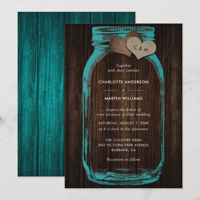 Rustic Teal Mason Jar Wood Hearts Monogram Wedding Invitation (Front/Back)