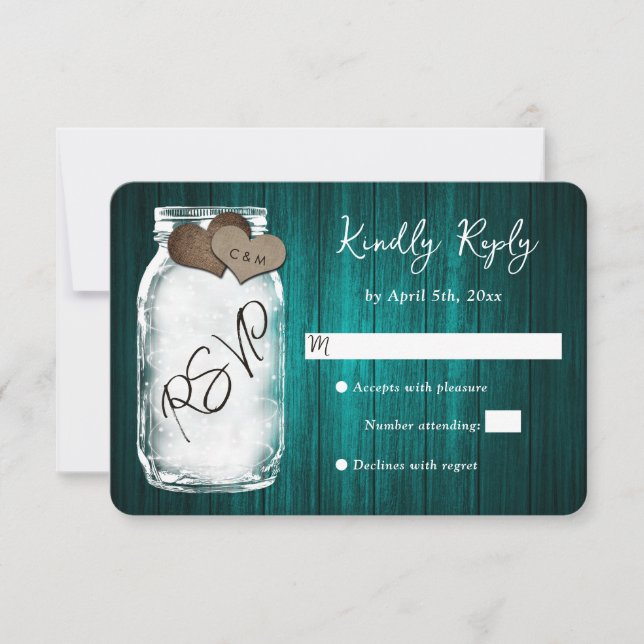 Rustic Teal Mason Jar Wood Wedding RSVP Card (Front)