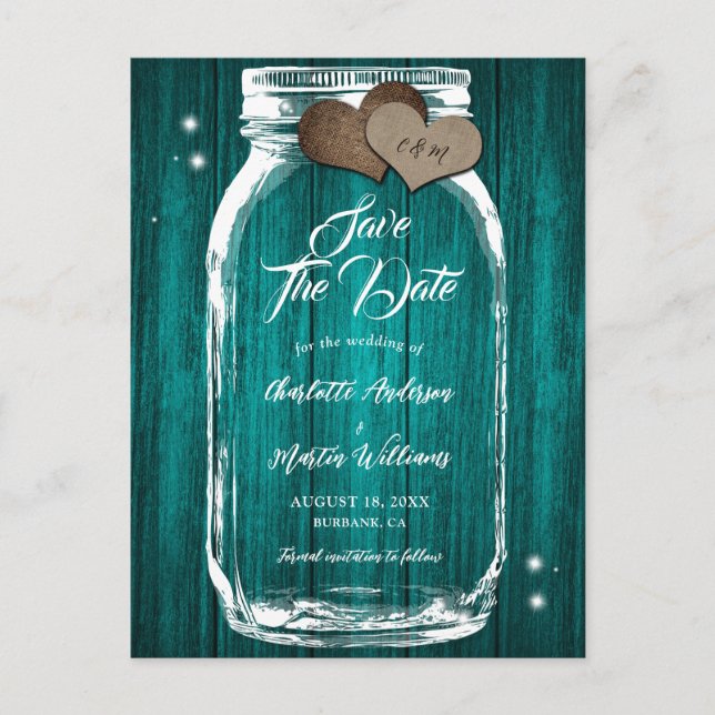 Rustic Teal Mason Jar Wood Wedding Save The Date Announcement Postcard (Front)