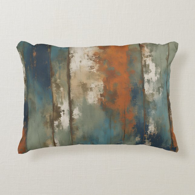 Rustic Teal Orange Beige Farmhouse Stripe Accent Pillow (Front)