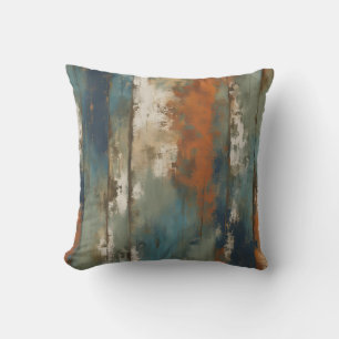 Rustic Teal Orange Beige Farmhouse Stripe Throw Pillow