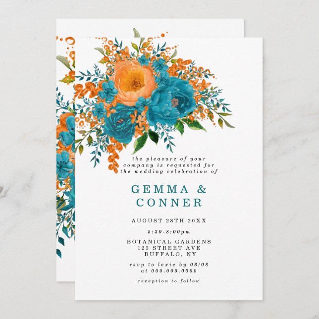 Rustic Teal Orange Watercolor Floral Wedding (Front/Back)