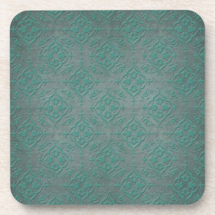 Rustic Teal over Pewter Steel Grey Damask Coaster